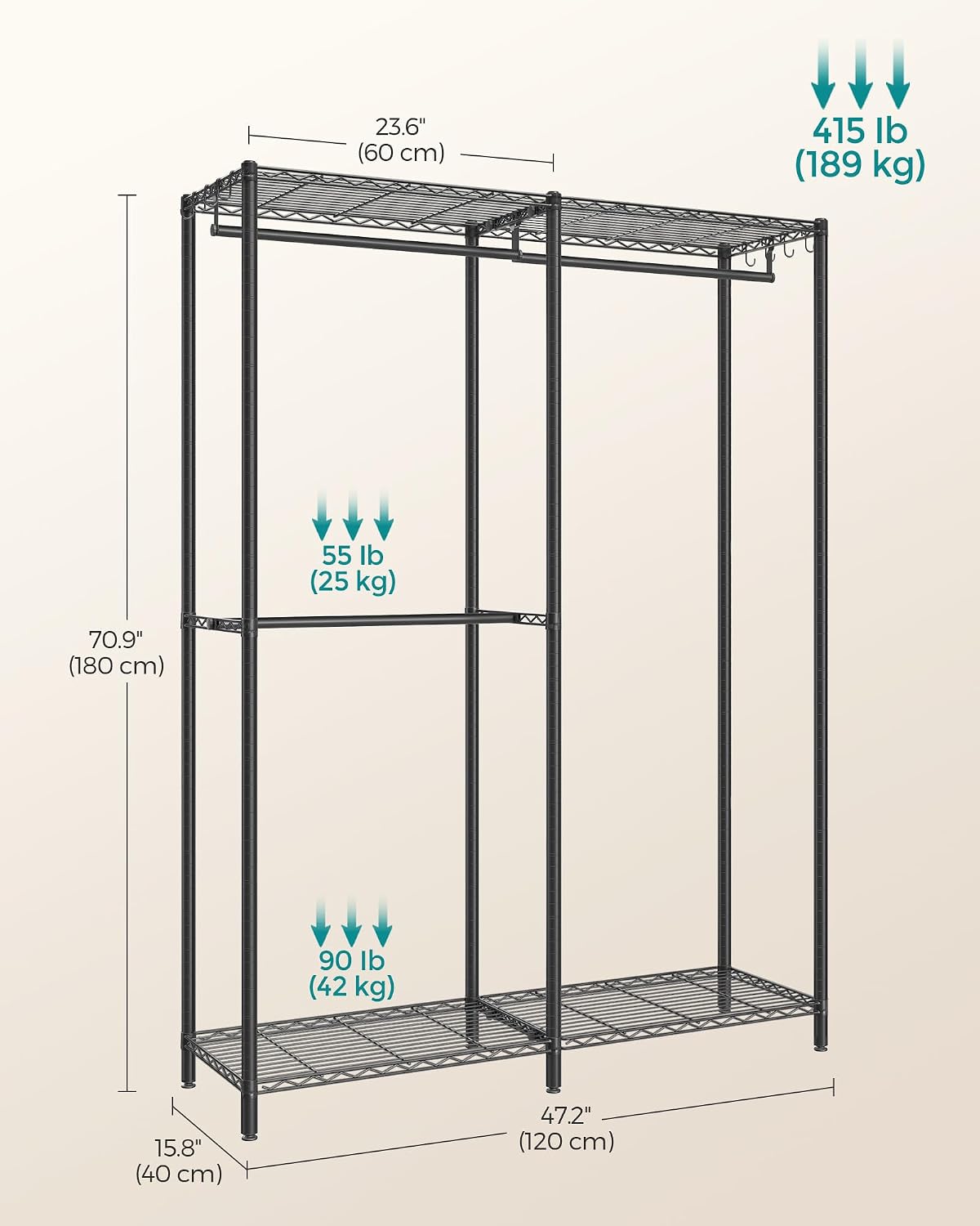 SONGMICS Heavy-Duty Clothes Rack, Garment Rack, Portable Closet, 68.7-Inch Wide Clothing Rack with Adjustable Mesh Shelves and Hanging Rails, Ink Black ULGR433B01