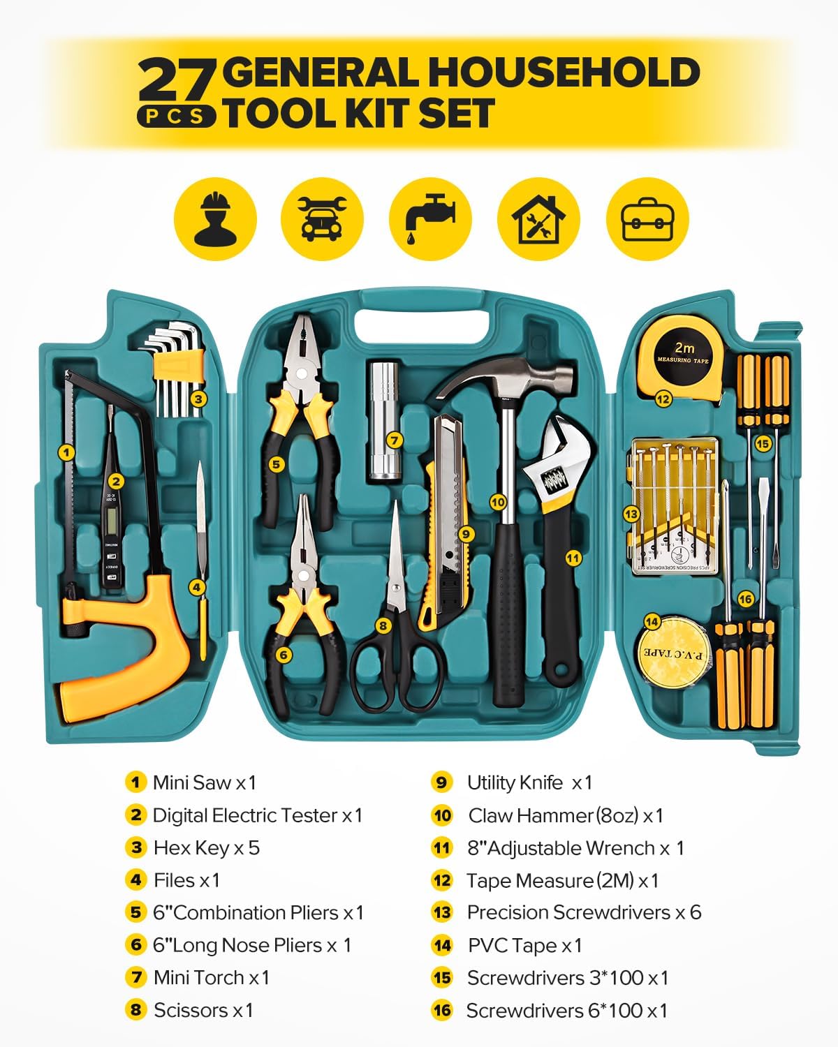 27-Pcs Household Tool Set with Case - Home, Auto, Garage | For men, women in dorm, office, garage. Has hammer, screwdrivers, pliers, tape. Compact, portable, for everyday fixes.