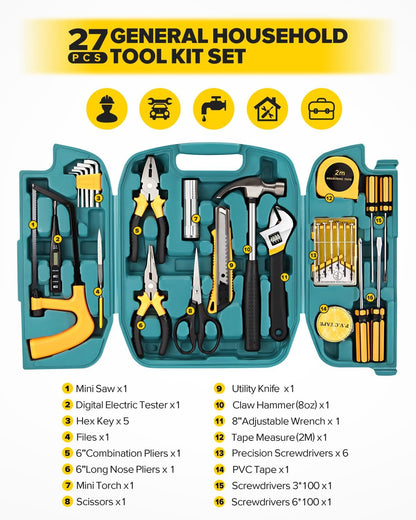 27-Pcs Household Tool Set with Case - Home, Auto, Garage | For men, women in dorm, office, garage. Has hammer, screwdrivers, pliers, tape. Compact, portable, for everyday fixes.