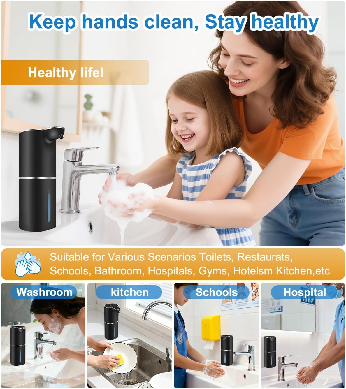 Automatic Foaming Soap Dispenser with Digital Display, 6-Level Foam Adjustable, Rechargeable, 12.8oz/ 380ml Wall Mounted Touchless Hands Free Auto Dispenser for Kitchen, Bathroom, Hotel, Restaurant