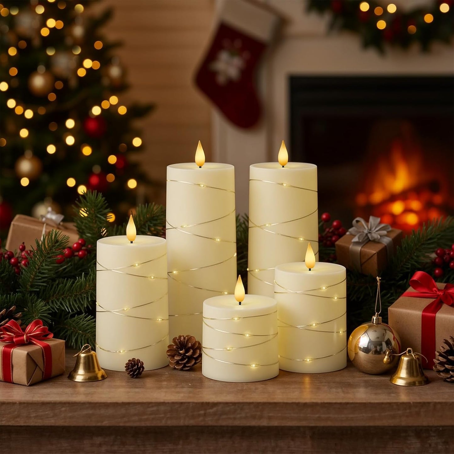Raycare Flameless Candles with Remote Timer, Flickering Battery Operated LED Pillar Fake Candle with String Lights for Home Decor, Christmas, Wedding and Gift, White, Set of 3