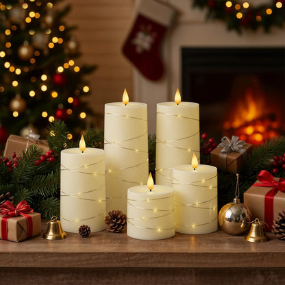 Raycare Flameless Candles with Remote Timer, Flickering Battery Operated LED Pillar Fake Candle with String Lights for Home Decor, Christmas, Wedding and Gift, White, Set of 3