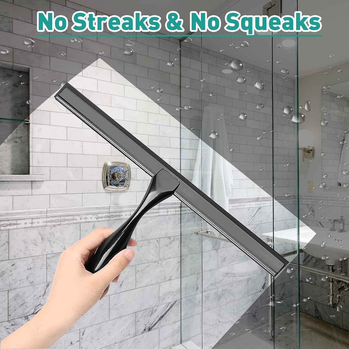 Shower Squeegee for Glass Doors,14-Inch Shower Glass Squeegee, Sliver Shower Squeegee for Shower Doors,Mirror,Windows, with Shower Door Hook and Adhesive Hook