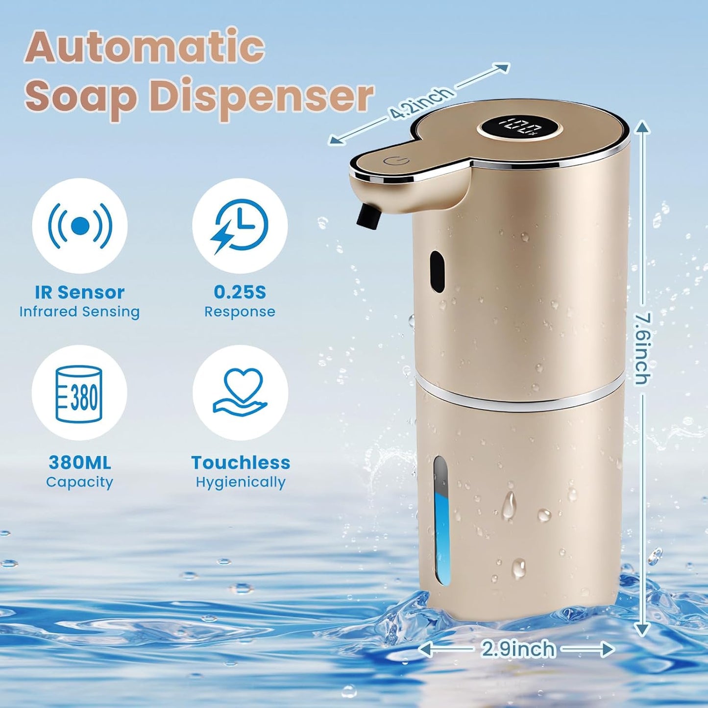 Automatic Soap Dispenser, Touchless Liquid Soap Dispensers, USB Rechargeable, 6-Level Adjustable Volume Control, 12.8oz/380ml, Wall Mount for Kitchen, Bathroom, Free Stickers (Gold)
