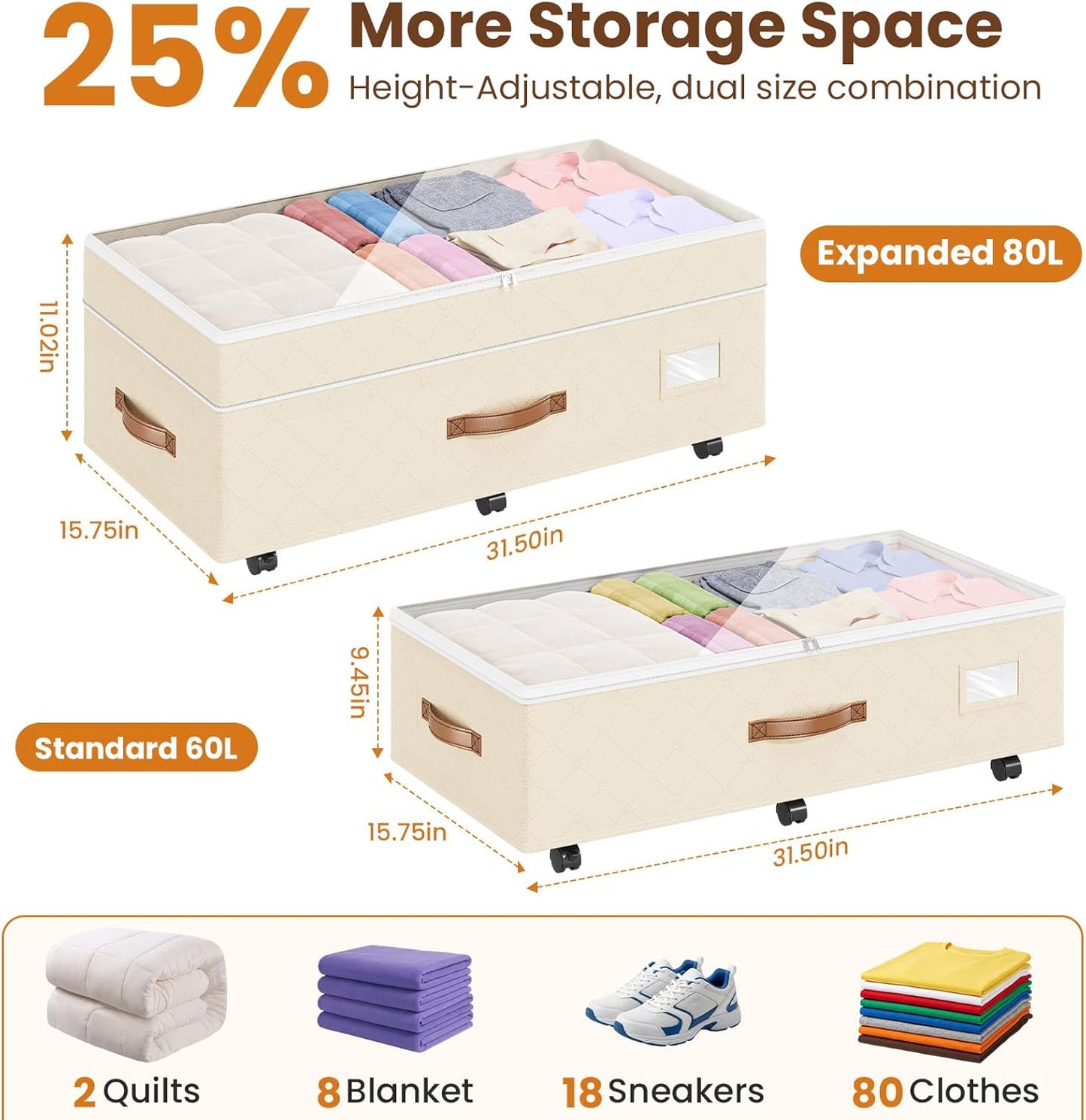 Budding Joy 80L 2 Pack Adjustable Under Bed Storage with Wheels | Underbed containers with clear lids, rolling under bed shoe storage organizer for dorm home clothes, blankets, toys, black