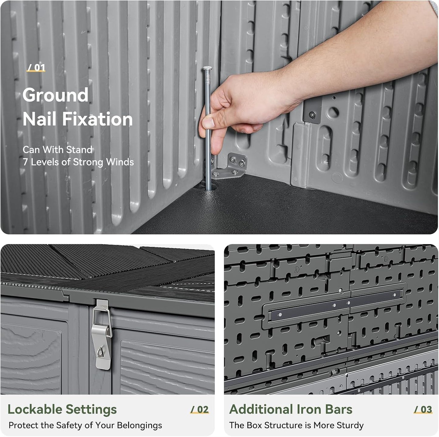AOXUN Horizontal Storage Sheds 21 Cu.ft, HDPE Outdoor Storage Box 160 Gallon, Waterproof Lockable Resin Deck Box with Spring-Assisted Lid, Patio Storage for Garden, Pool, Cushions, Tools, White