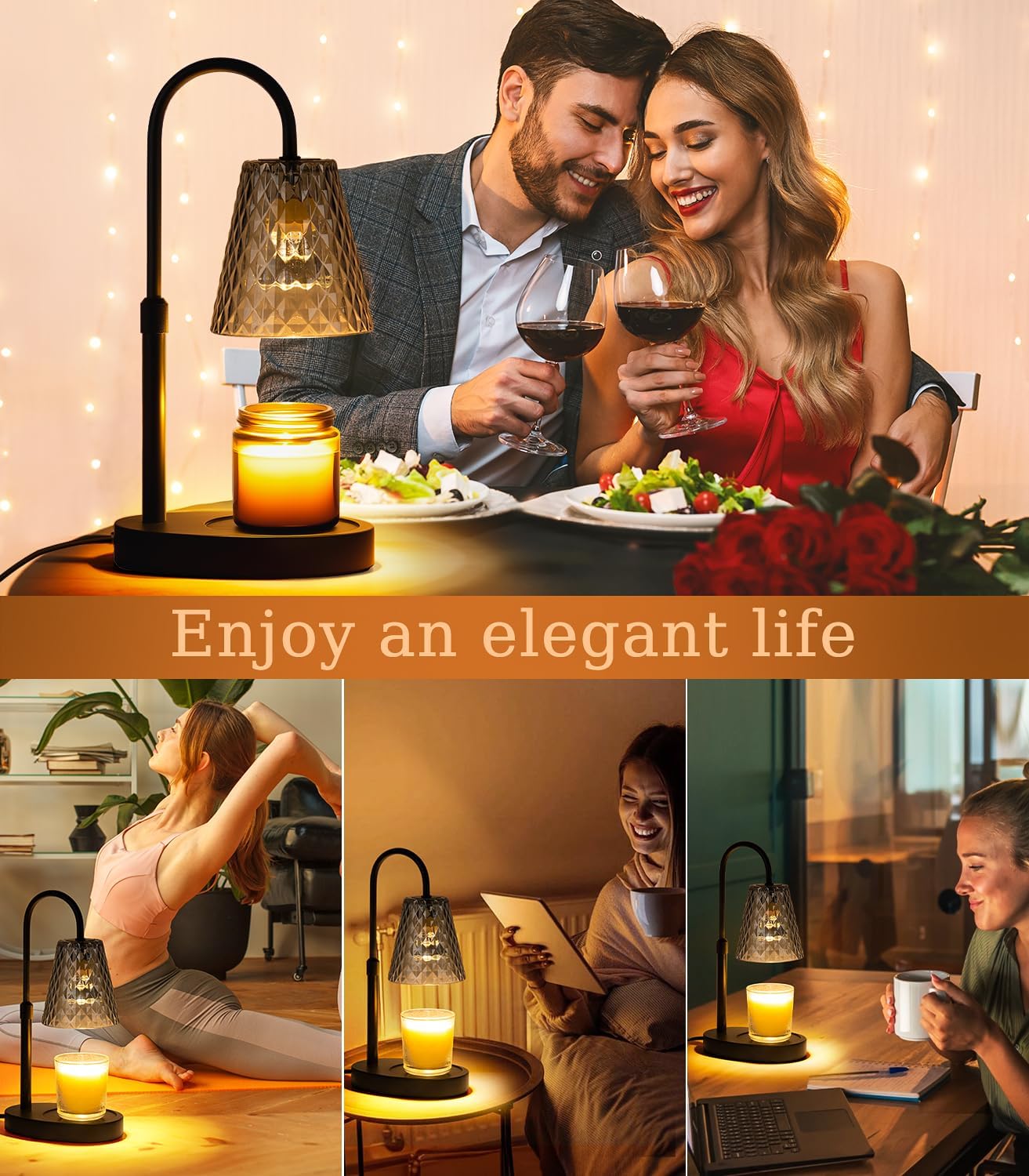 Candle Warmer Lamp with Timer - Electric Candles Wax Warmers Glass Lamps for Jar Candles Burner Adjustable Height and Dimmable Light Modern No Flame Scented Candle Warming Lantern, Amber