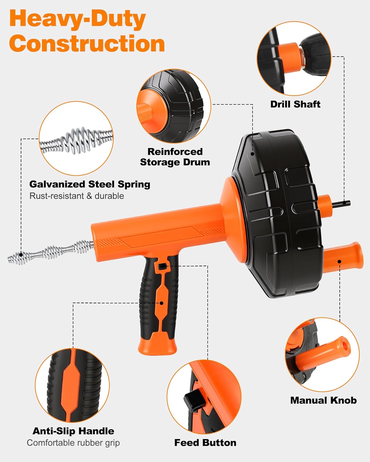 Drain Auger 33 ft, Auto Feed Drain Snake with Drill Adapter, Heavy Duty Plumbing Snake Hair Clog Remover Tool Kit with Gloves & Brushes for Kitchen Sink Shower Bathtub Bathroom Toilet Clog Removal