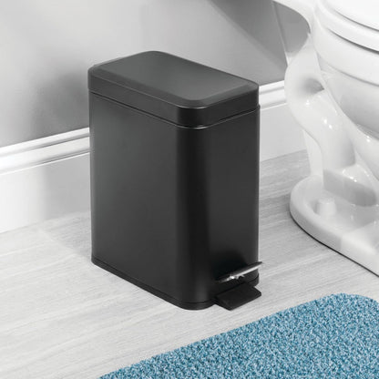 mDesign Metal Freestanding Slim Toilet Bowl Brush and Holder + Rectangle Narrow 5 Liter / 1.3 Gallon Step Pedal Trash Can Wastebasket for Bathroom - Small, Compact Design - Set of 2 - Brushed/Chrome