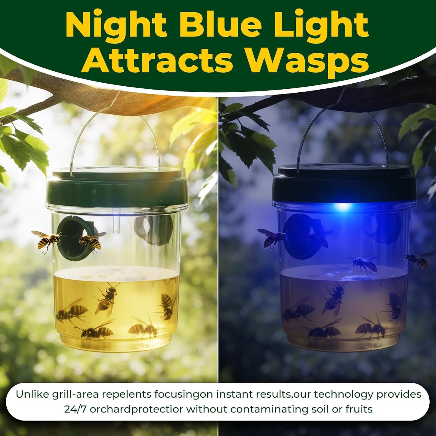 Wasp Traps Outdoor Hanging 4 Packs, Solar Powered Hornet Catcher for Outside Patio Backyard Camping, New Upgrade Carpenter Bee Insect Yellow Jacket Trap with LED Light
