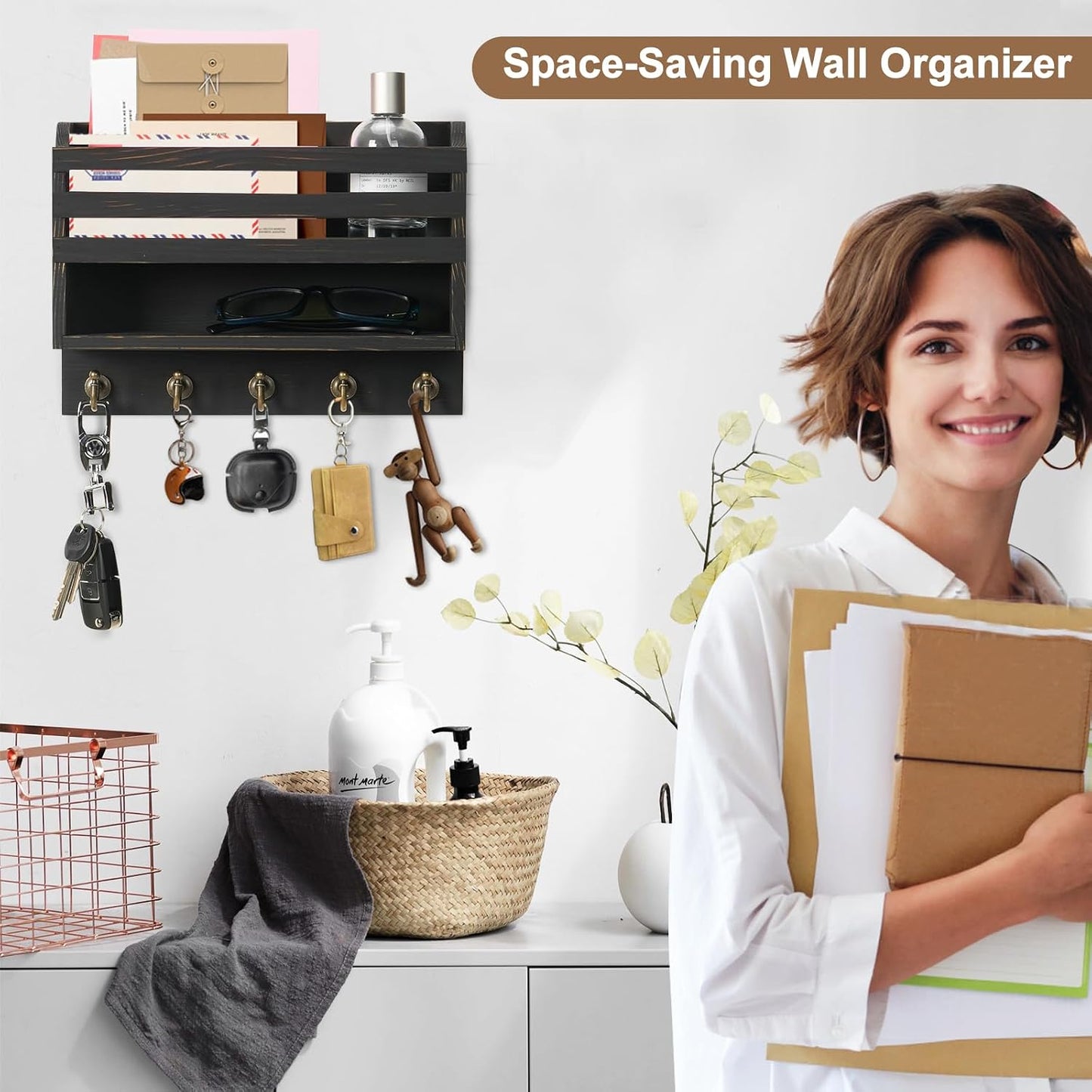 Mail and Key Organizer for Wall – Key Holder Wall Mount with Storage Box and 5 Key Hooks, Mail Holder Wall Mounted for Entryway, Apartment, Office, Home Decor Organization (Brown)