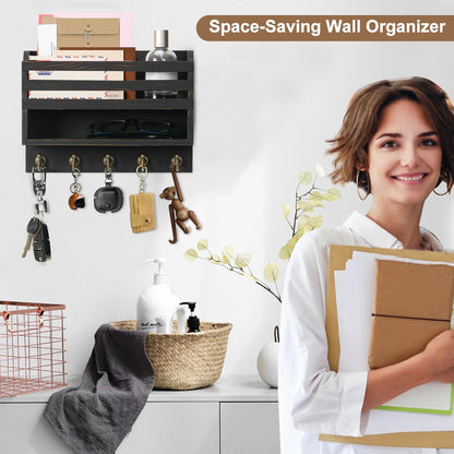 Mail and Key Organizer for Wall – Key Holder Wall Mount with Storage Box and 5 Key Hooks, Mail Holder Wall Mounted for Entryway, Apartment, Office, Home Decor Organization (Brown)