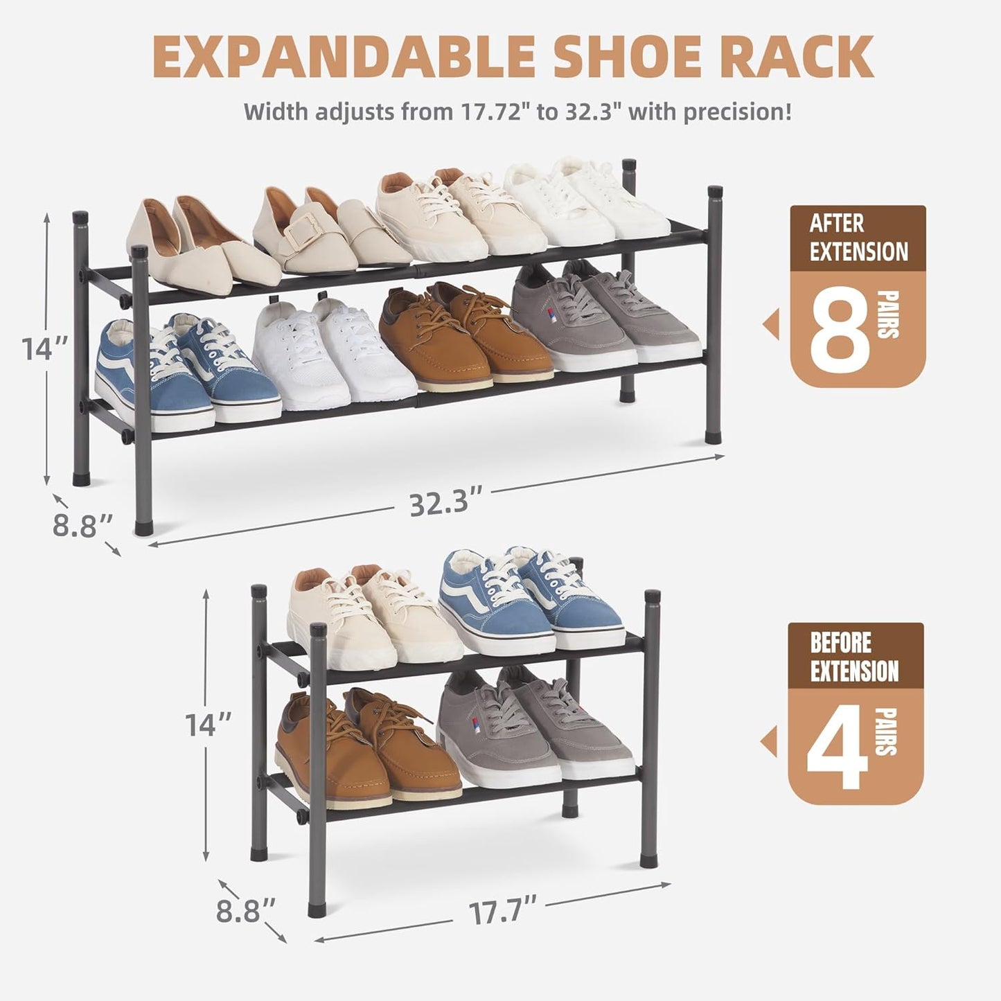 STORAGE MANIAC Expandable Shoe Rack for Closet, 8 Pairs Stackable Small Shoe Rack, Metal Adjustable Shoes Organizer for Entryway, Hallway, Garage, Front Door, Shoes Shelves, Black 2 Tier