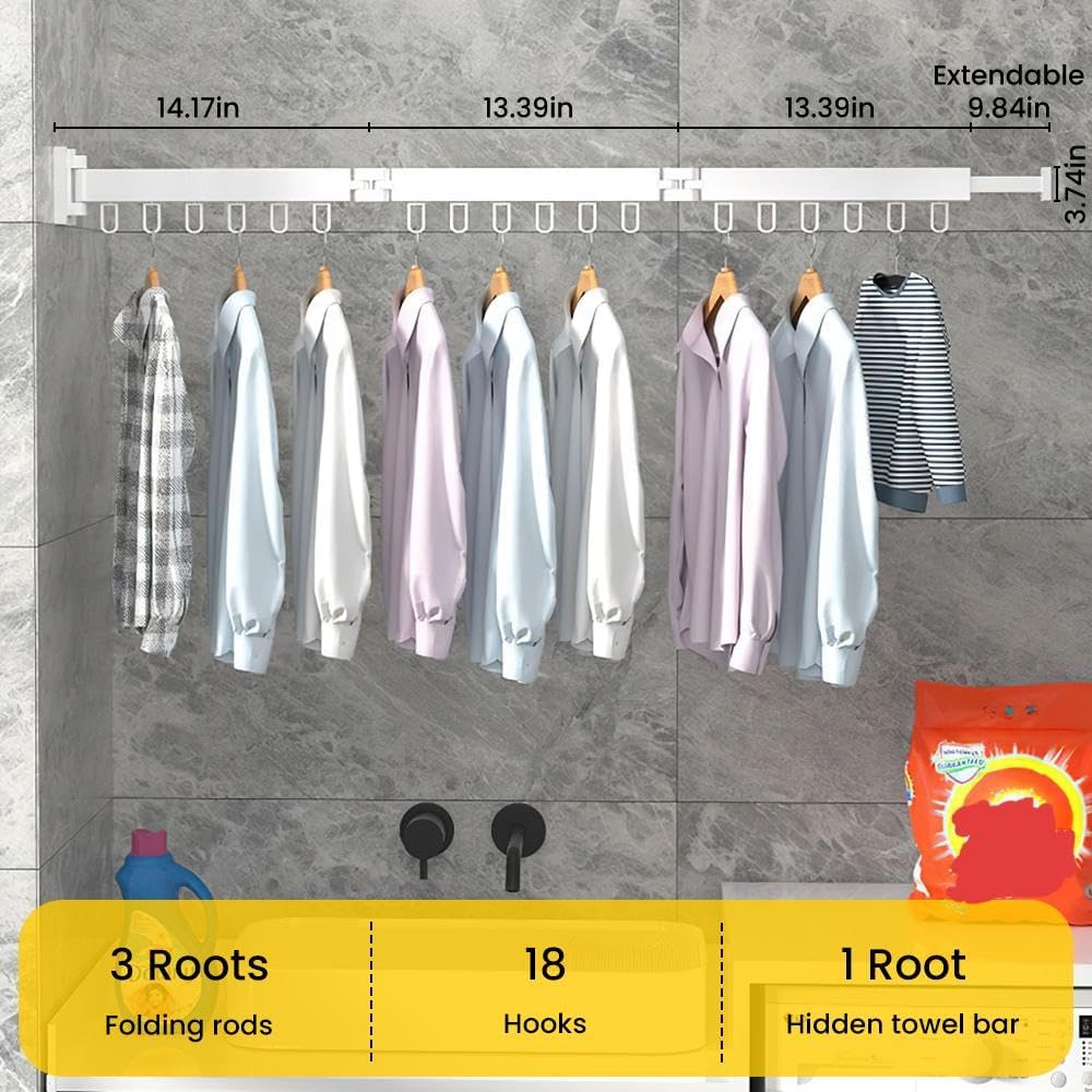 HomeBeyond Aluminum Wall Mounted Drying Rack, Upgrade 3-Fold Foldable Retractable Clothing Drying Rack with 12 Hooks, Space Saver Clothes Hanger for Indoor/Outdoor Use in Laundry, Balcony, Bathroom