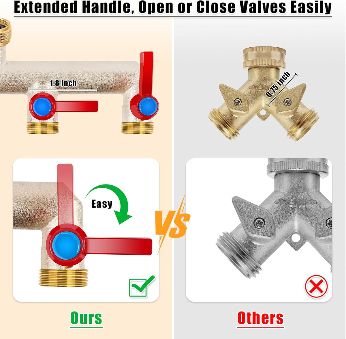 Upgraded Brass Garden Hose Splitter, 3/4" Hose Splitter 2 Way Heavy Duty with Extension Handles, Outdoor Faucet Splitter Water Spigot Splitter with Individual On/Off Valve