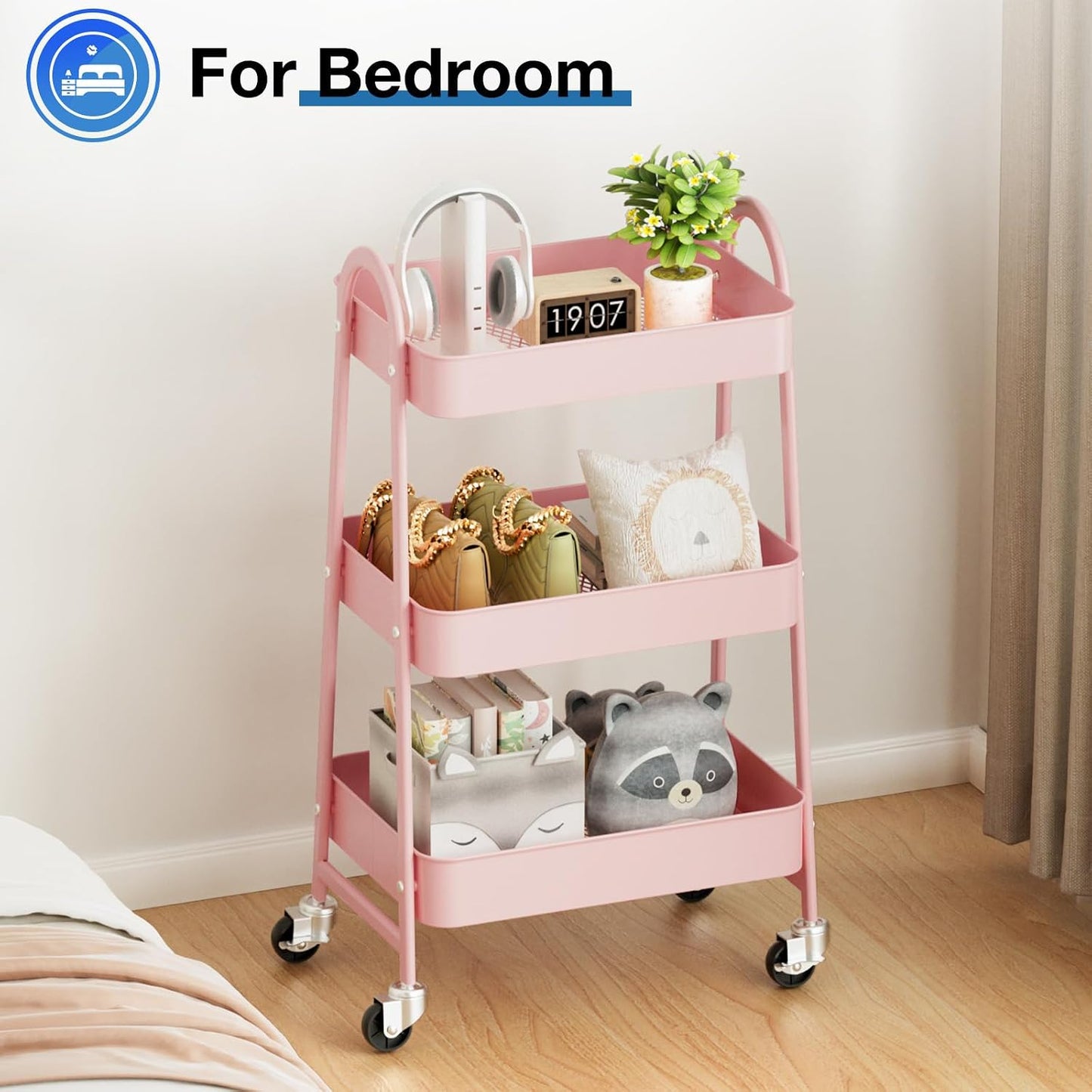 DUMOS 3 Tiers Rolling Cart, Utility Cart, Metal, White | Mobile Storage, Lockable Wheels, Utility Shelving Unit, Kitchen, Bathroom, Laundry, Narrow Places
