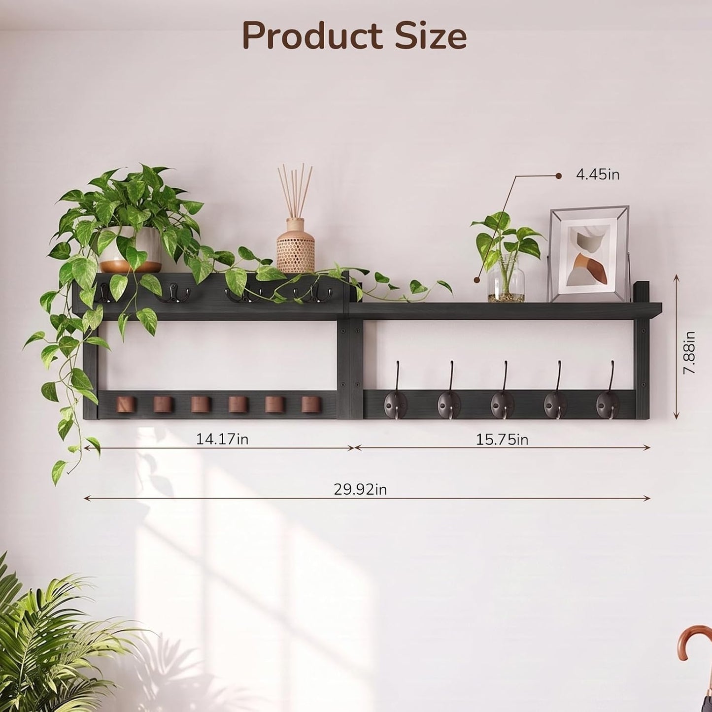 Wooden Key Holder Wall Mount with Shelf, Wall Key Rack and Mail Holder with 9 Key Hooks and 6 Sunglasses Holders, Farmhouse Key Hanger for Entryway Living Room Bedroom, Black