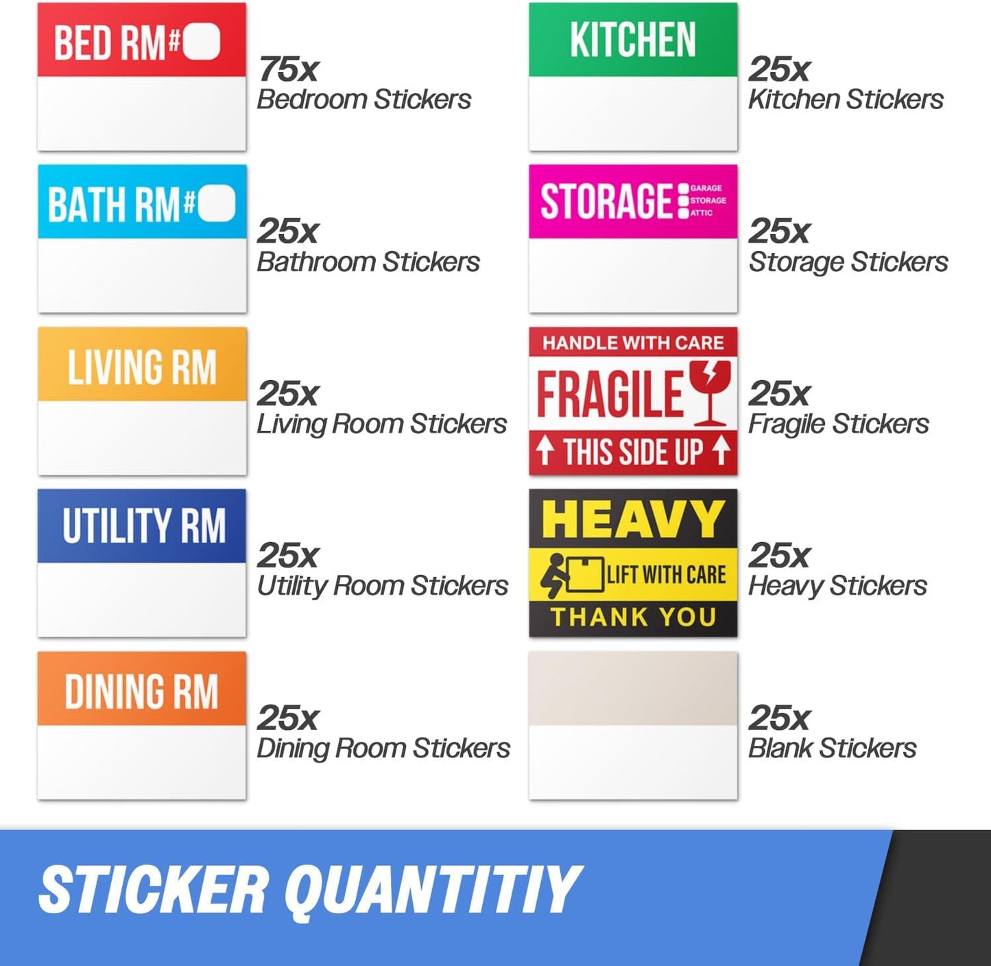 Moving Labels (3 x 2 inch, 300 per Pack) Ideal for 1-2 Bedroom Homes - 10x Designs of Color-Coded Moving Stickers w/Write-in Area, Fragile, Heavy & Blank Labels