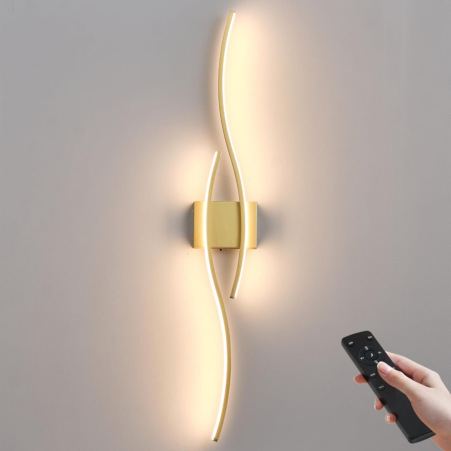 KARTOOSH Battery Operated Wall Sconces Set of Two with Remote Control, Dimmable/3 Colors/Night-Light/Timer/Memory, Gold Modern Wireless LED Sconce for Living Room, Hallway, Bedroom, 27.5 Inch (2 Pack)