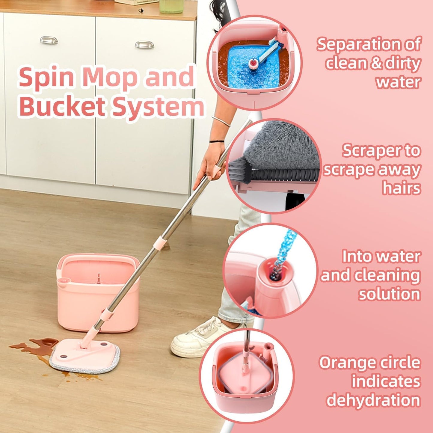 Spin Mop and Bucket Set with 2 Replaceable Microfiber Mop Pads with Self Separation Dirty and Clean Water System, Self Wringing 360° Rotating Square Mop Head for Hardwood Tile Marble Floors