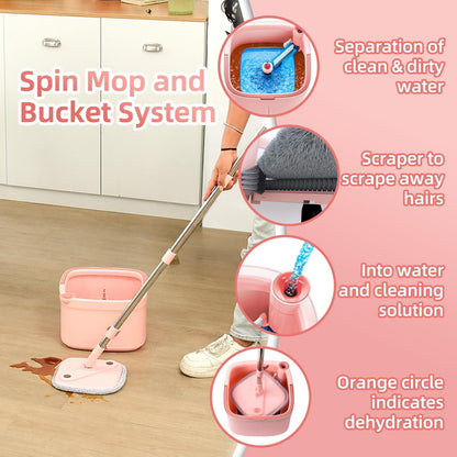 Spin Mop and Bucket Set with 2 Replaceable Microfiber Mop Pads with Self Separation Dirty and Clean Water System, Self Wringing 360° Rotating Square Mop Head for Hardwood Tile Marble Floors