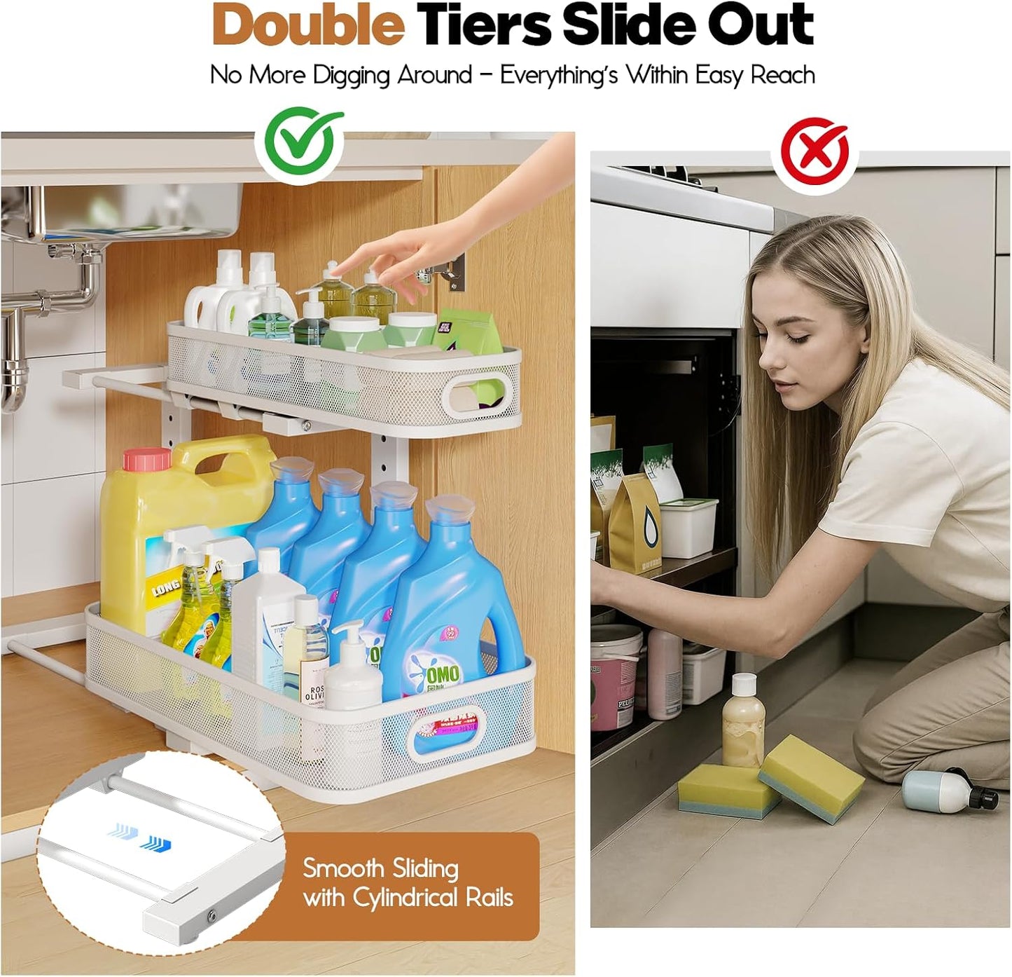 2 Pack Under Sink Organizer With Smooth Cylindrical Rail,2-Tier Pull Out Multi-Purpose Cabinet Storage for Bathroom&Kitchen,Height Adjustable,Rust-resistant Coating-White