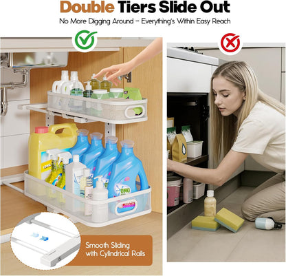 2 Pack Under Sink Organizer With Smooth Cylindrical Rail,2-Tier Pull Out Multi-Purpose Cabinet Storage for Bathroom&Kitchen,Height Adjustable,Rust-resistant Coating-White