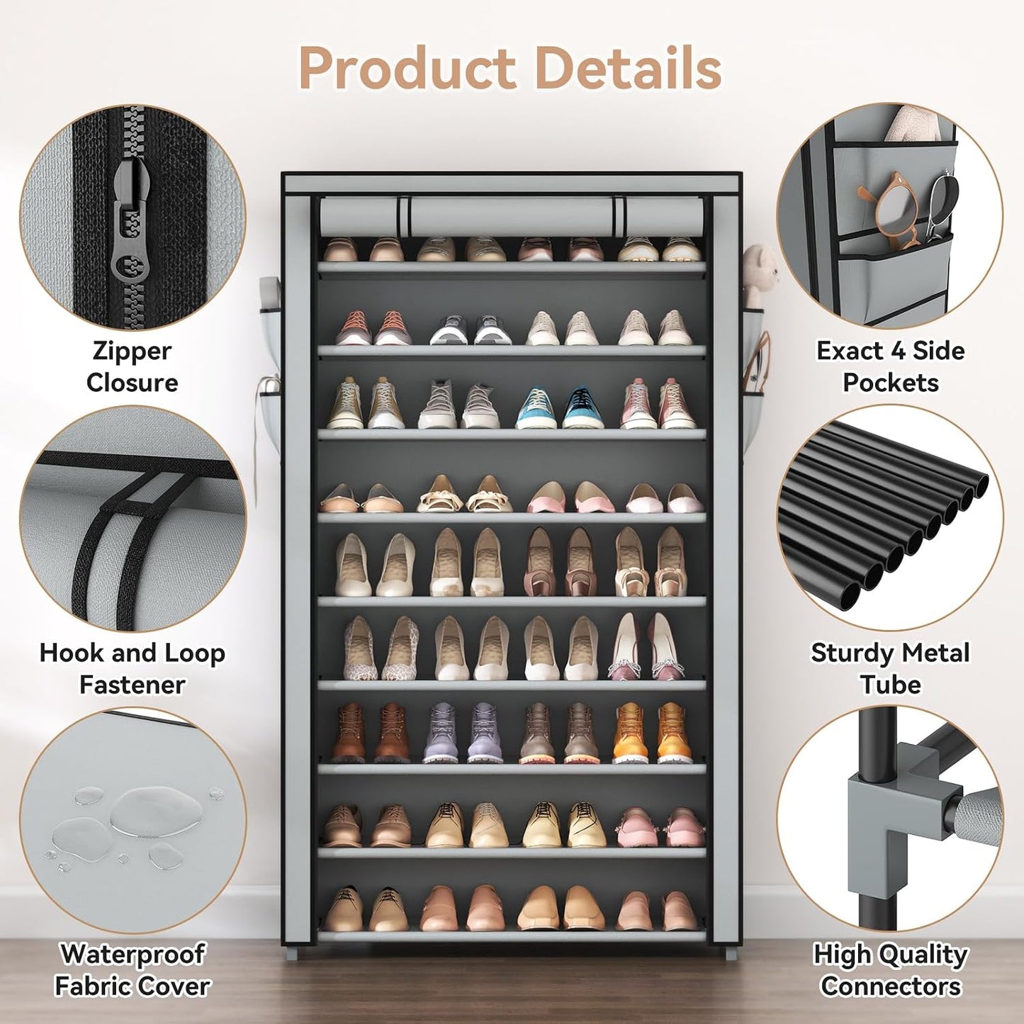 LANTEFUL Shoe Rack with Covers - 10 Tiers Tall Shoe Rack Organizer Large Capacity Shoe Shelf Storage 40 Pairs Space Saving Vertical Shoe Storage Organizer for Closet, Entryway, Dorm, Bedroom
