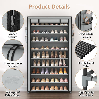 LANTEFUL Shoe Rack with Covers - 10 Tiers Tall Shoe Rack Organizer Large Capacity Shoe Shelf Storage 40 Pairs Space Saving Vertical Shoe Storage Organizer for Closet, Entryway, Dorm, Bedroom