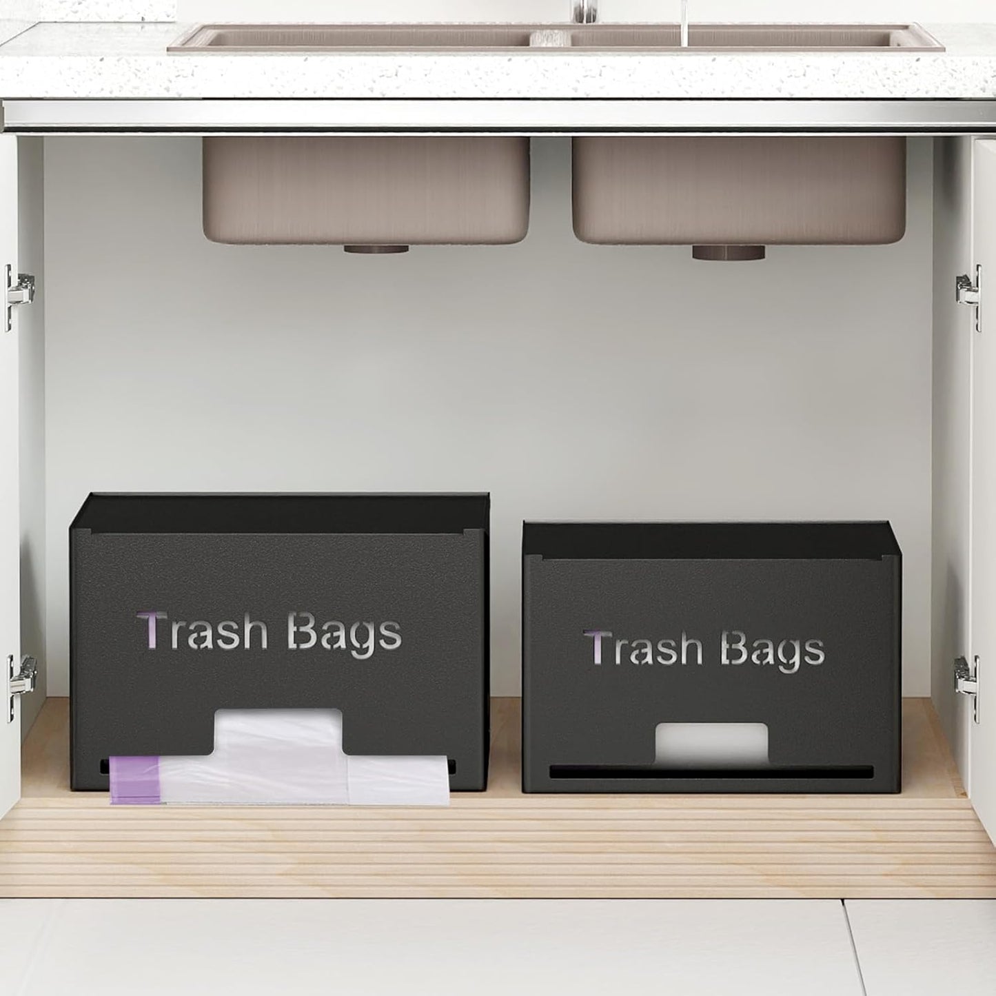STWWO Large Trash Bag Holder Dispenser, Metal Garbage Bag Dispenser Roll Holder, Kitchen Trash Storage Organizer for Under Sink, Wall Mounted or Freestanding, Black