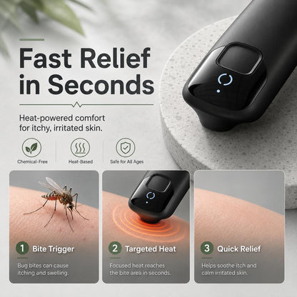 AT02 Bug Bite Itch Relief Tool, Chemical-Free Mosquito Bite Relief Device with Built-in Night Light, Dual-Mode Heat After Bite Itch Relief Pen for Insect Bites, Camping & Home Use (Black, AT02)