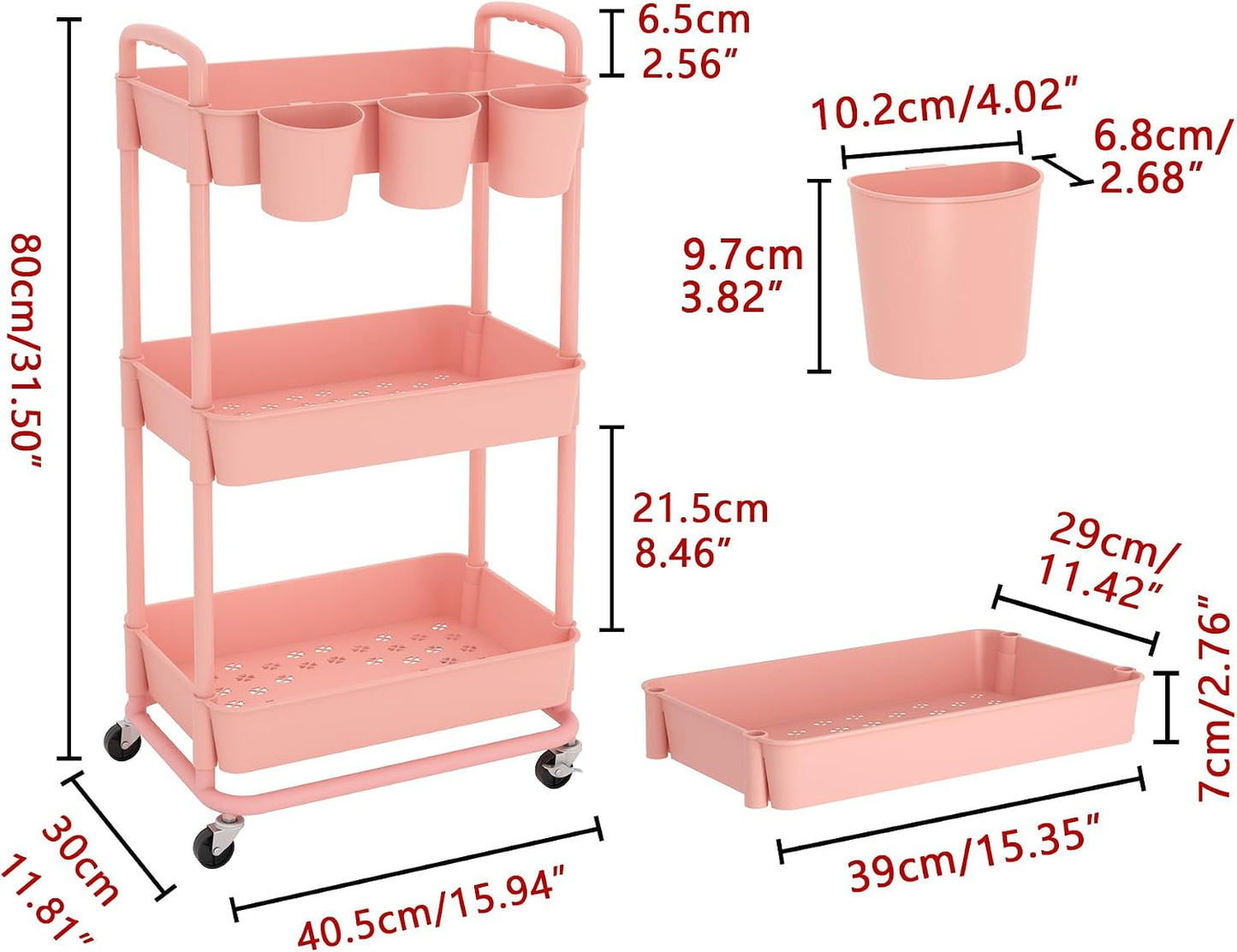 JIUYOTREE 4-Tier Plastic Rolling Storage Cart Utility Cart with Extra Hanging Cups Handles Lockable Wheels for Living Room Bathroom Kitchen Office White