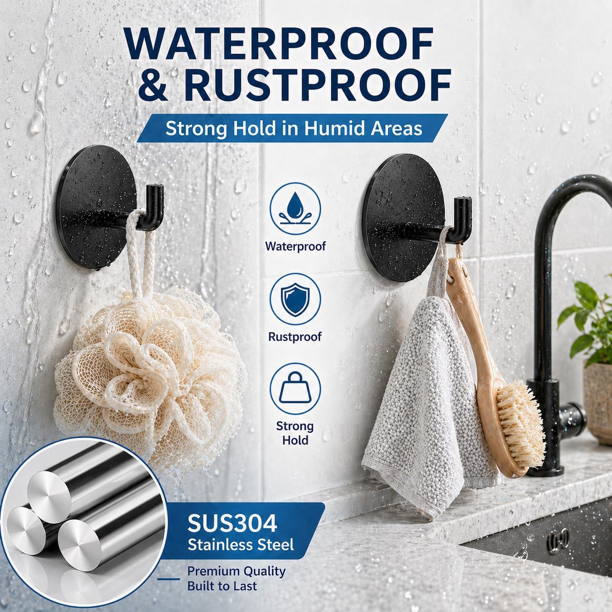 Removable Towel Hooks for Bathrooms, Heavy Duty Adhesive Hooks for Walls No Damage, Black Home Storage Hooks for Inside Shower, Sticky Hooks for Hanging Robe Coat Loofah Clothes Kitchen, 14Pcs Sus304