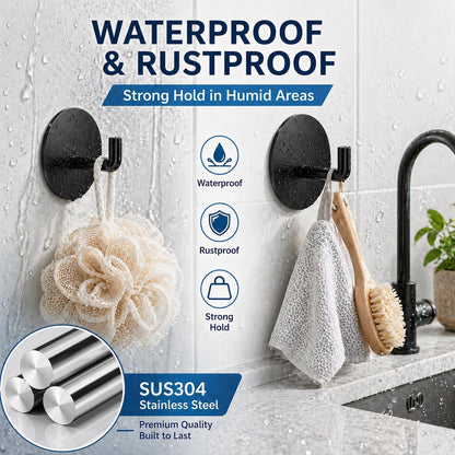 Removable Towel Hooks for Bathrooms, Heavy Duty Adhesive Hooks for Walls No Damage, Black Home Storage Hooks for Inside Shower, Sticky Hooks for Hanging Robe Coat Loofah Clothes Kitchen, 14Pcs Sus304