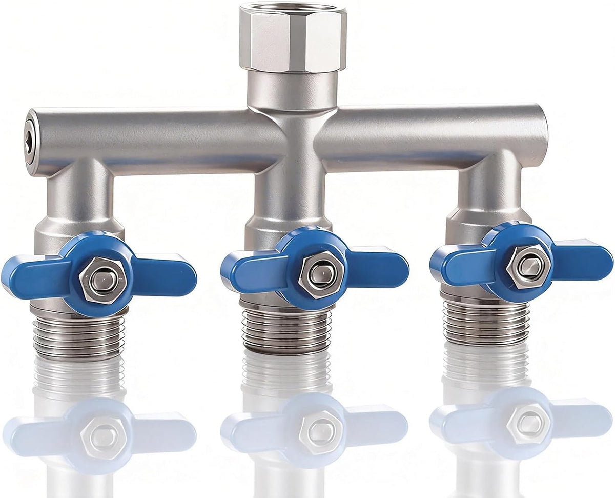 304 Stainless Steel Garden Hose Splitter 4 Way Heavy Duty, Full Flow T Valve Water Hose Splitter With 2.1" Extra Long Handle, Lead-free，3/4" GHT Thread Connector For Outdoor Spigot Faucet
