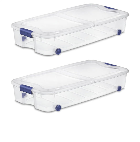 2 Pack 66 Quart Underbed Clear Storage Bins with Lid and Wheels | Wheeled Under Bed Storage Containers with Secure Latching Lid, Clear View Organizer for Clothes, Toys and Seasonal Bedding