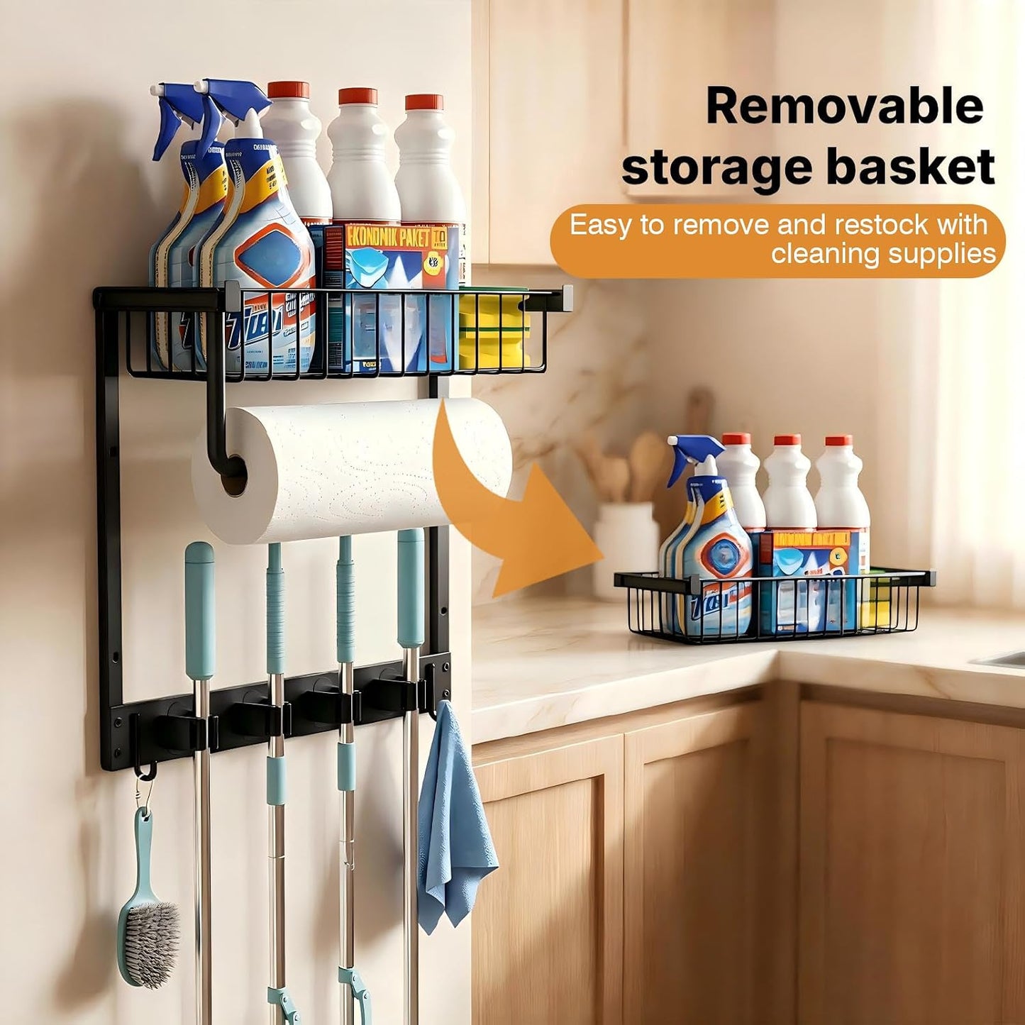 Broom Holder Wall Mount, Broom and Mop Organizer Wall Hanging with Paper Towel Holder & Removable Anti-fall Basket, Wall Mount Cleaning Supplies Organizer for Laundry Room, Apartment, Utility Room