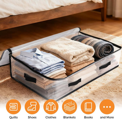6 Pack Under Bed Storage Bags, 60L Foldable Clear Storage Containers with Handles, Dual Zippers for Comforter, Clothes, Bedding, Linen Sheets, Sweaters, Blanket Storage