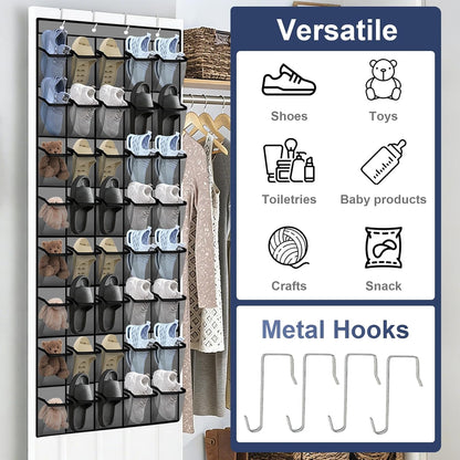 Over the Door Shoe Organizer - 24 Large Breathable Mesh Pockets, Space Saving Hanging Shoe Organizer with Metal Hooks, Hanging Shoe Rack for Men's and Women's Shoes (White)