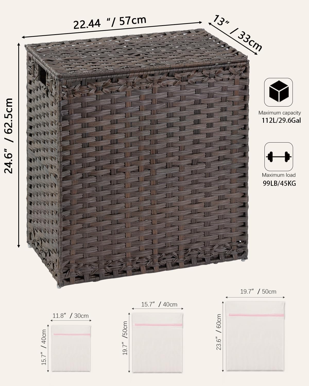 SETVSON Laundry Hamper with Lid Laundry Basket 132 L (35 Gal) Wicker Clothes Hamper, Handwoven Rattan Hamper with Handles and 4 Removable Liner Bags, 6 Mesh Bags for Laundry Bedroom Natural