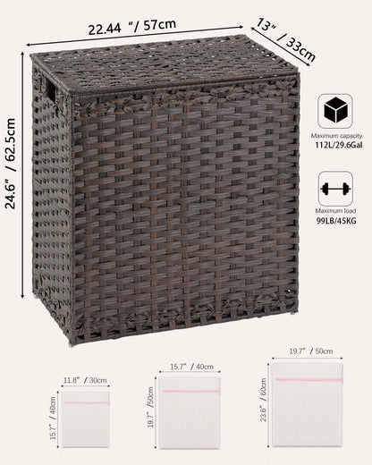 SETVSON Laundry Hamper with Lid Laundry Basket 132 L (35 Gal) Wicker Clothes Hamper, Handwoven Rattan Hamper with Handles and 4 Removable Liner Bags, 6 Mesh Bags for Laundry Bedroom Natural