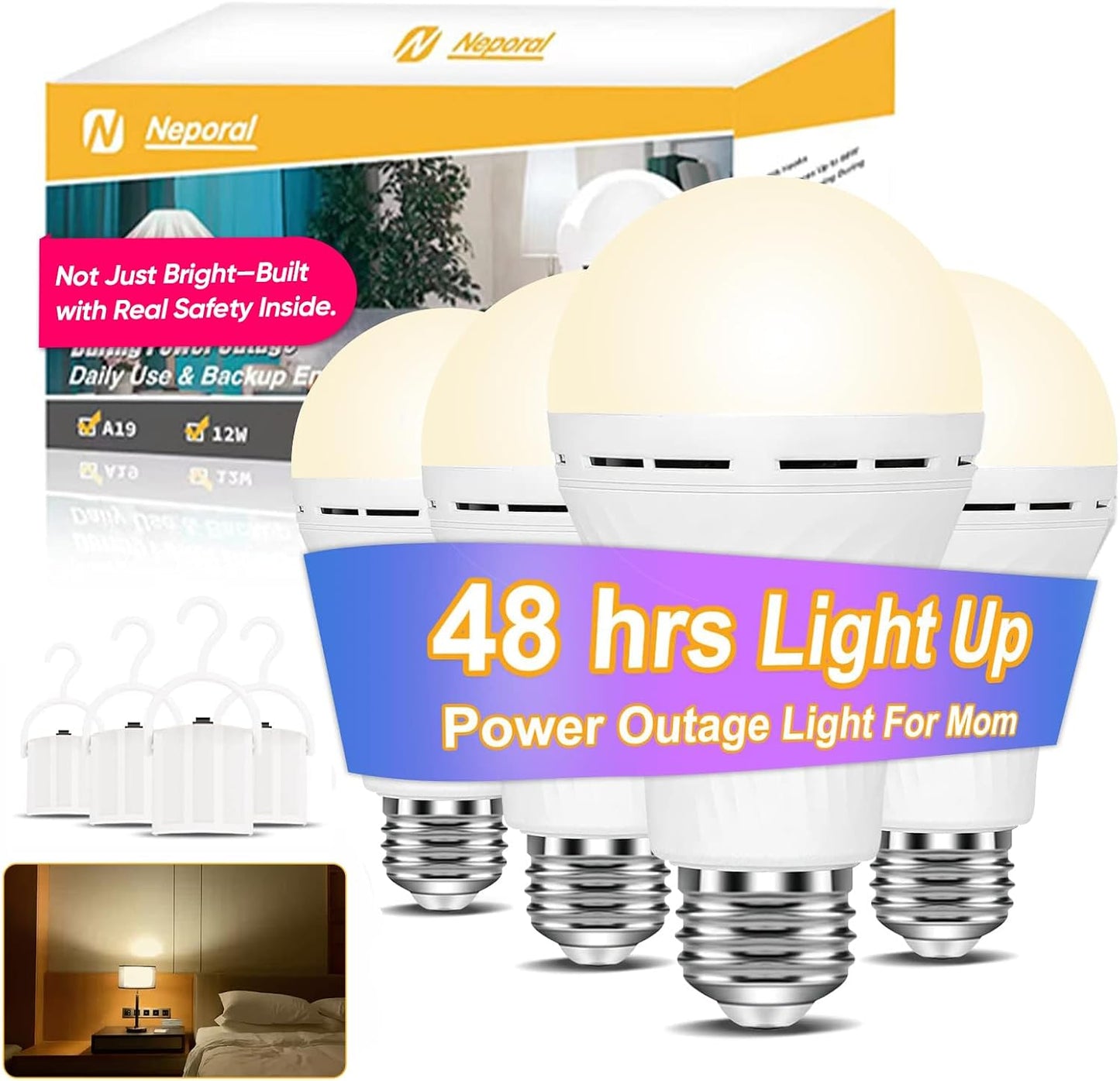 Neporal LITE Emergency Rechargeable Light Bulbs A19, Light Up to 48 hrs, Battery Operated Light Bulb, 5000K E26 LED Bulb, Emergency Lights for Home Power Failure