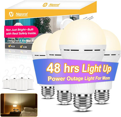 Neporal LITE Emergency Rechargeable Light Bulbs A19, Light Up to 48 hrs, Battery Operated Light Bulb, 5000K E26 LED Bulb, Emergency Lights for Home Power Failure