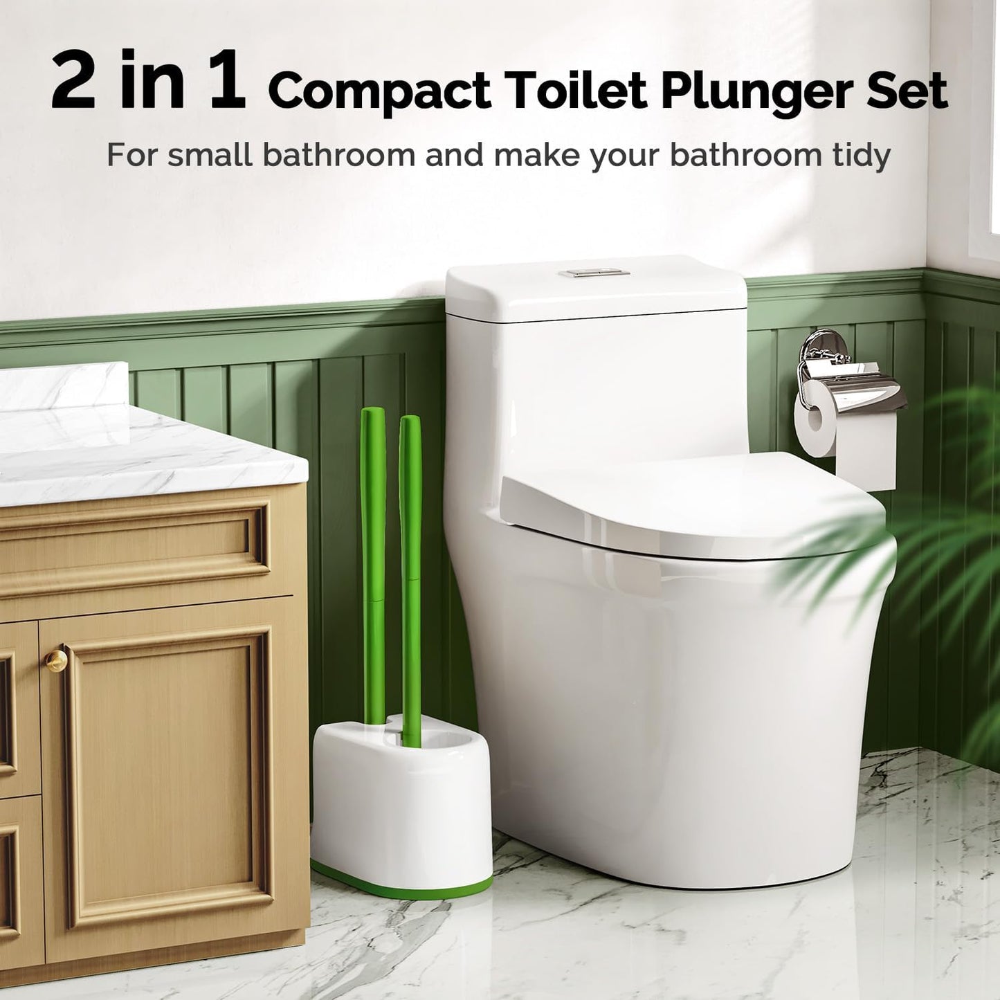 HAMITOR Toilet Plunger Bowl Brush Combo：Heavy Duty Rubber for Drain Clog Remover - Curved Design Bristles for Deep Cleaning Under Rim - Compact Bathroom Cleaning Tools for New Homet Essentials - White