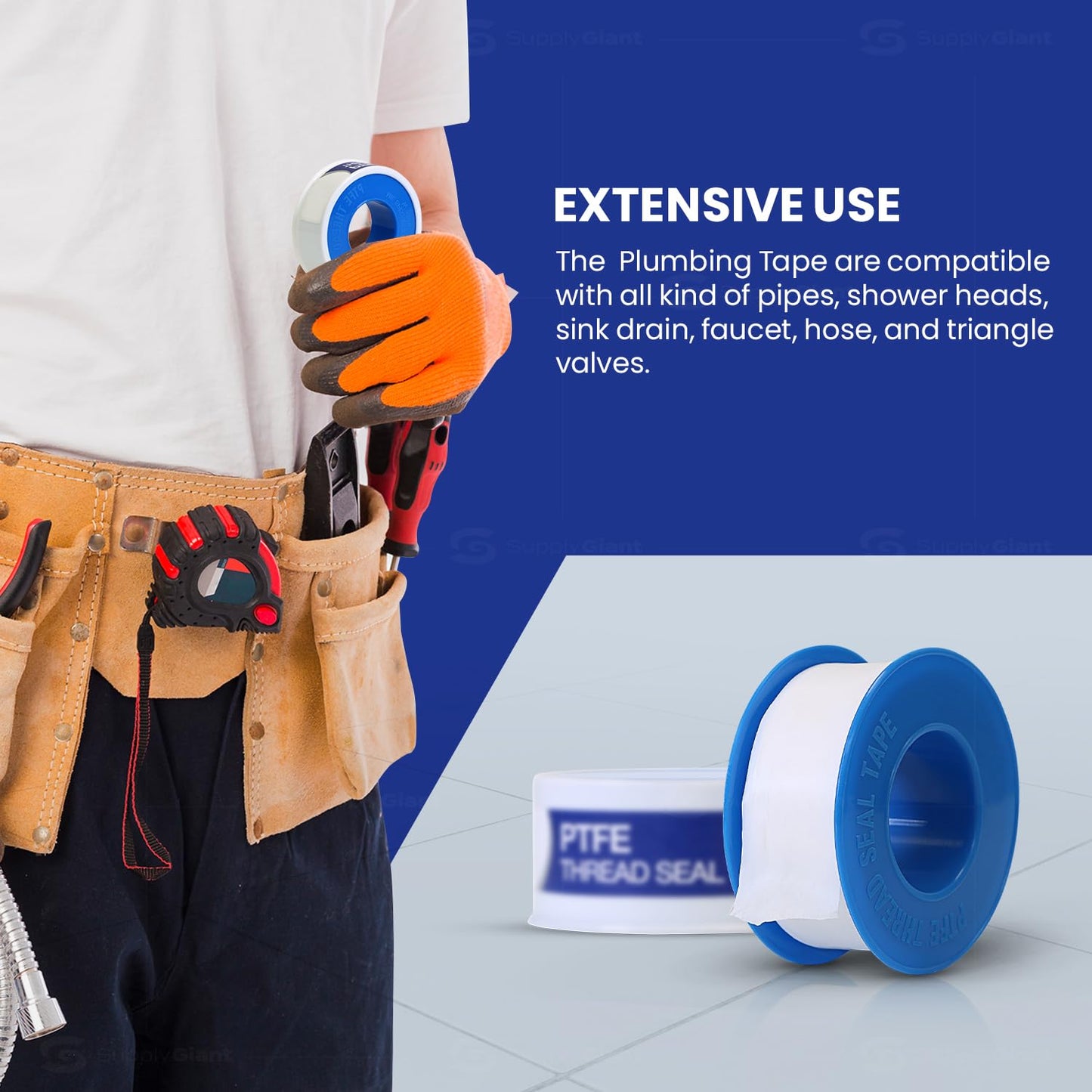 Supply Giant Plumbers PTFE Tape 1/2" W x 520" L Pipe Thread Tape, High Density Thread Sealant Tape Water Seal Plumbing Tape for Shower Head, Pipes, Gas Lines, Leak Prevention