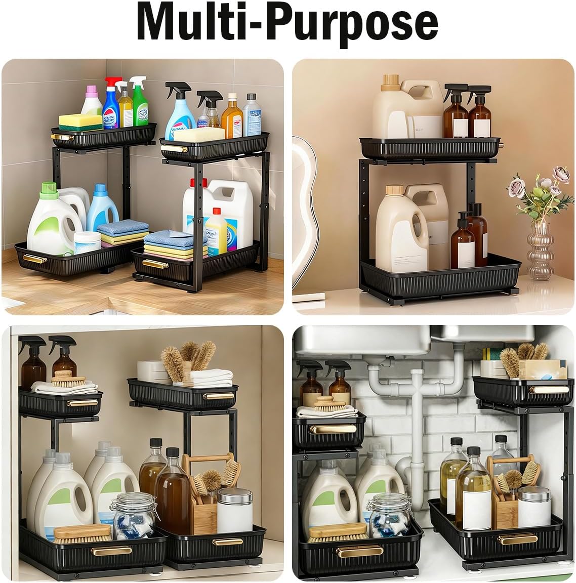 ARSTPEOE 2 Pack Double Sliding Under Sink Organizers and Storage,Two Tier Bathroom Storage and organization,Under Cabinet Organizer, Clear