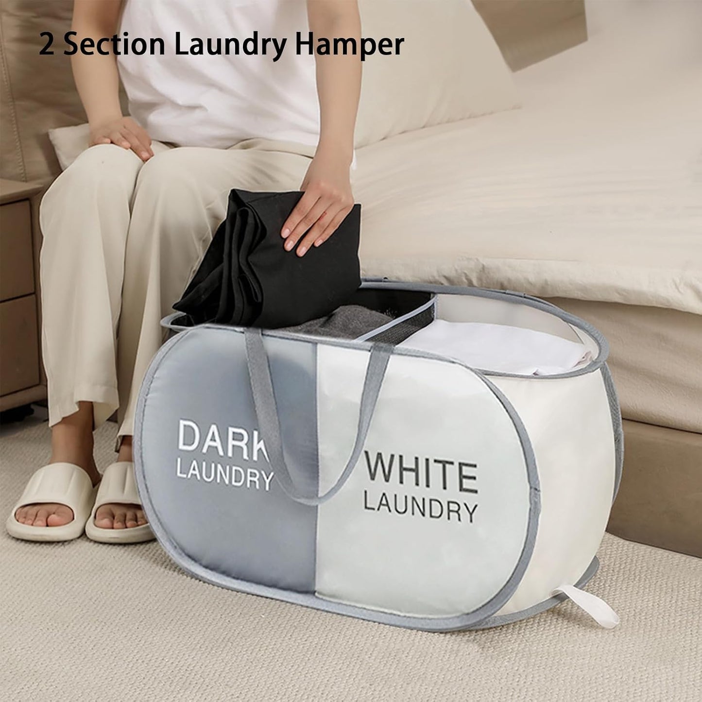 Pop Up Laundry Hamper 3 Section, Collapsible Laundry Basket with Carry Handles for Home, Laundry Room, Bedroom, Dorm, RV Travel (Black & Grey & Beige - 3 Compartments)