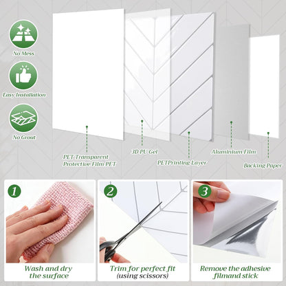 Nuanchu 10 Sheets White Herringbone Peel and Stick Backsplash 11.4 x 9 Inch 3D Stick on Wall Tiles, Self Adhesive, Waterproof & Easy to Clean for Kitchen Bathroom Rental Wall Tile