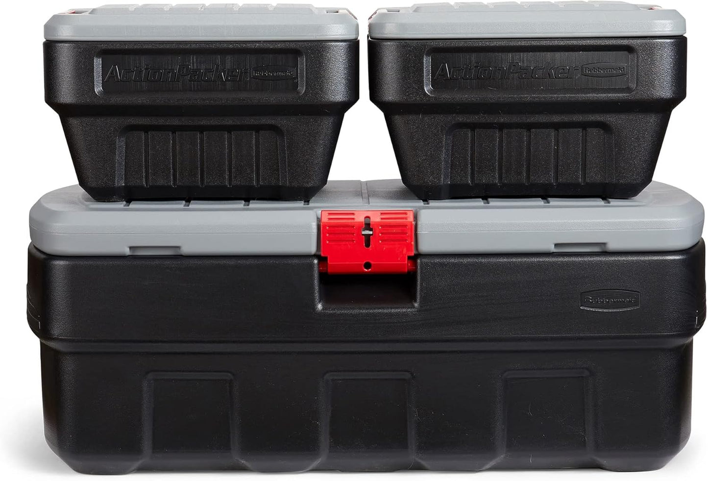 Rubbermaid ActionPacker 35 Gallon, Made in USA, Lockable Plastic Storage Bin with Lid and Wheels- Outdoor, Industrial, Rugged, Camping Gear and Truck Bed Storage - Gray and Black