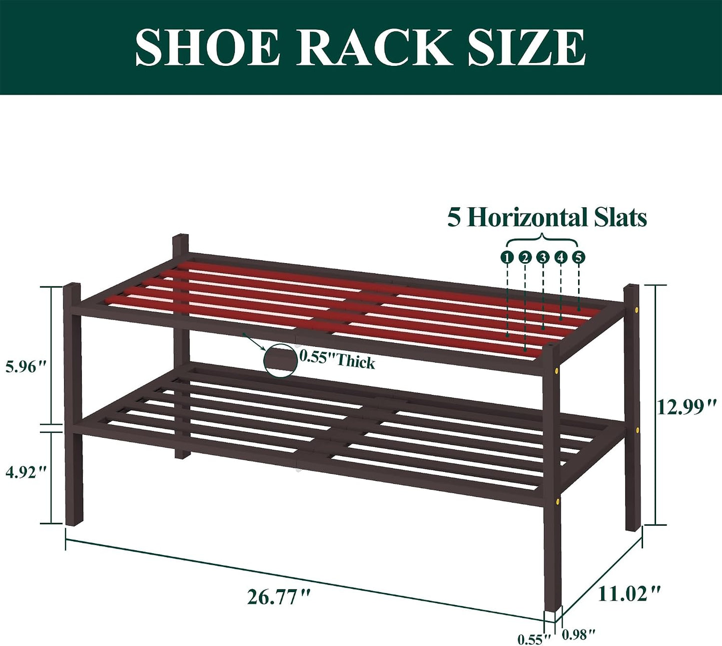 Smiry Bamboo Shoe Rack, 3 Tier Free Standing Wooden Shoe Organizer, Stackable Wood Shoe Storage Shelf for Closet, Entryway, 5 Horizontal Slats, 26.8"x11"x18.3", Natural